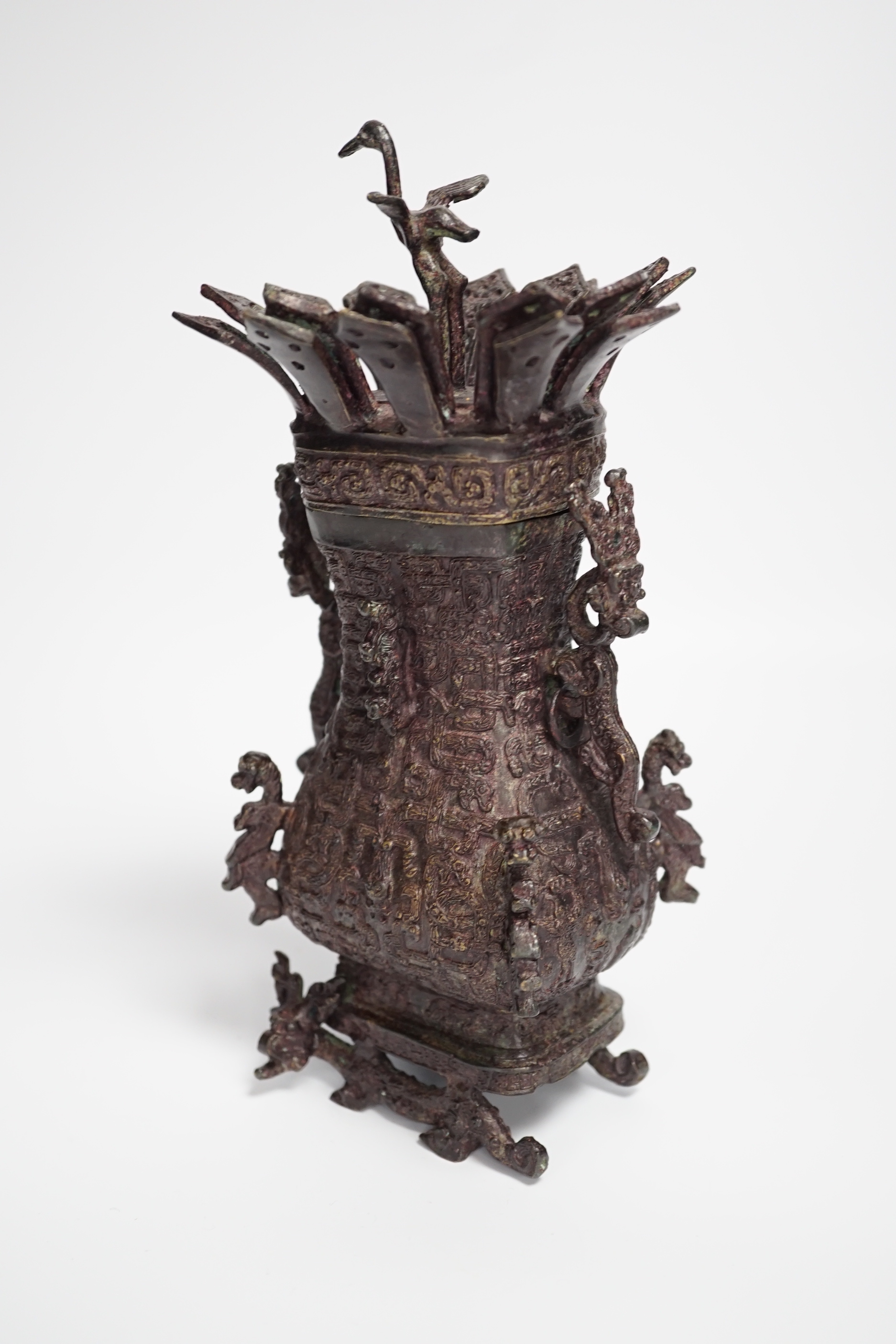 A Chinese Archaic style bronze vessel and cover - Ming or later, 23cm high